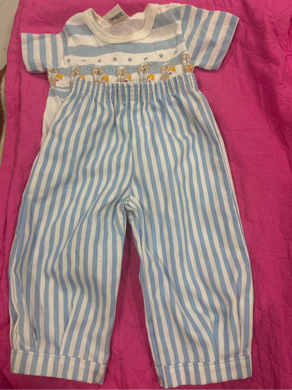 Blue & White Striped Kids Pants - Cute Bear Trim
